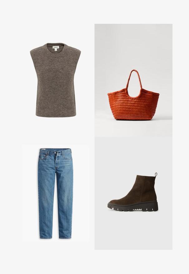 Kamizelka bez rękawów, wykonana z miękkiego, brązowego materiału dzianinowego. Posiada okrągły dekolt, luźny krój oraz subtelną fakturę na całej powierzchni.; Niebieskie dżinsy z prostym krojem nogawki, z zapięciem na suwak, dwiema przednimi kieszeniami i delikatnym przetarciem na całej powierzchni materiału.; Brązowy zamszowy botek za kostkę z masywną czarną gumową podeszwą, posiadający lekki obcas i pętelkę z tyłu ułatwiającą zakładanie.; DRAGON DIFFUSION NANTUCKET pomarańczowy