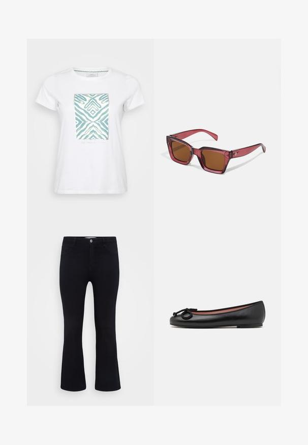 Hvid bomulds t-shirt med et centralt turkis abstrakt mønster med zigzag- og diamantformer, indrammet af en metallisk kant.; ONLY Carmakoma CARTHUNDER PUSH UP - Flared jeans - black denim; Sort læderballerina med rund tå, har en dekorativ sløjfe og glat tekstur. Minimalistisk design med en lav, flad sål.; Rødtonede firkantede solbriller med brune linser. Fremstillet af gennemsigtigt plastik. Har en markant vinkelret design og diskret branding på stellet.