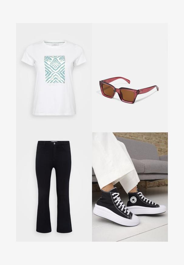 Bela bombažna majica z osrednjim turkiznim abstraktnim vzorcem, ki vključuje zigzag in diamantne oblike, obdana z kovinskim robom.; ONLY Carmakoma CARTHUNDER PUSH UP - Kavbojke na trapez - black denim; Črni visoki supergi z belimi gumijastimi podplati in vezalkami. Na njih je okrogel logotip in kontrastno belo šivanje. Iz blaga platna.; Rdeča kvadratna sončna očala z rjavimi lečami. Narejena iz prosojnega plastike. Imajo izrazit angulären dizajn in diskretno blagovno znamko na oporniku.