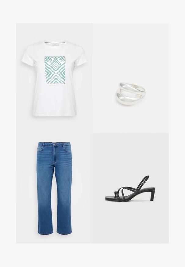 White cotton t-shirt featuring a central turquoise abstract pattern with zigzag and diamond shapes, framed by a metallic border.; Blue denim jeans with a straight leg cut, featuring a button closure, classic five-pocket design, and subtle faded texture on the thighs.; Black strappy sandal with a square toe and a low block heel. Features multiple thin straps and an adjustable ankle strap. Made of smooth leather.; Silver double-band ring with a smooth, polished surface. Features a fluid, curved design with overlapping sections for a modern look.