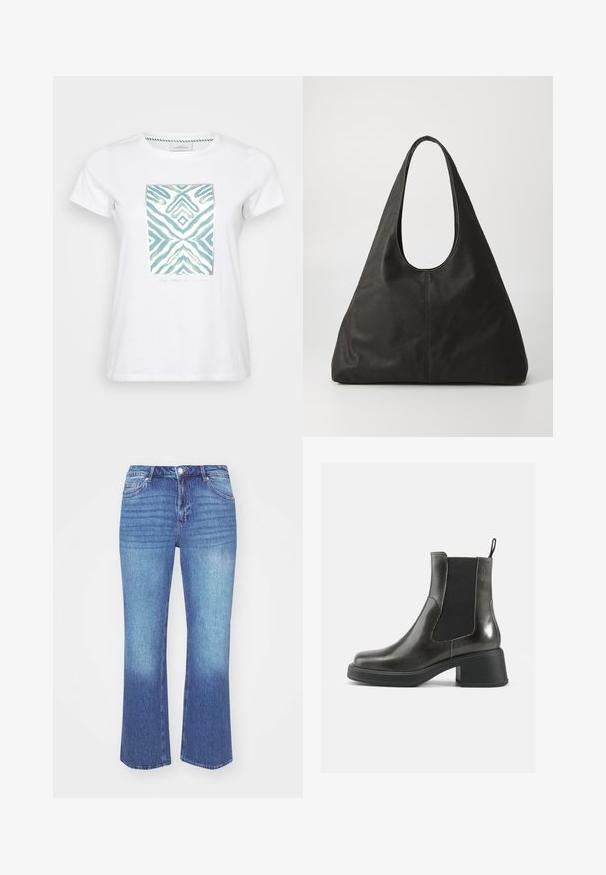 Valkoinen puuvillapaita, jossa on keskeinen turkoosi abstrakti kuvio, joka koostuu sahalaitaisista ja timanttimaisista muodoista, reunustettuna metallisella kehällä.; Denim-farkut vaaleasta keskitason sinisestä gradientista. Ominaisuuksiin kuuluu suora lahje, viisi taskua ja ommeltu yksityiskohta saumoissa.; Musta nahkakenkä nilkkamitoilla, joissa on sileä pinta, joustavat sivupaneelit ja paksu korko. Varustettu vetoketjulla helpompaa pukemista varten.; Mustat nahkainen olkalaukku, jossa on kaareva kahva, pitkänomainen kolmion muotoinen rakenne ja sileä tekstuuri. Minimalistinen muotoilu, ei näkyviä metalliosia.