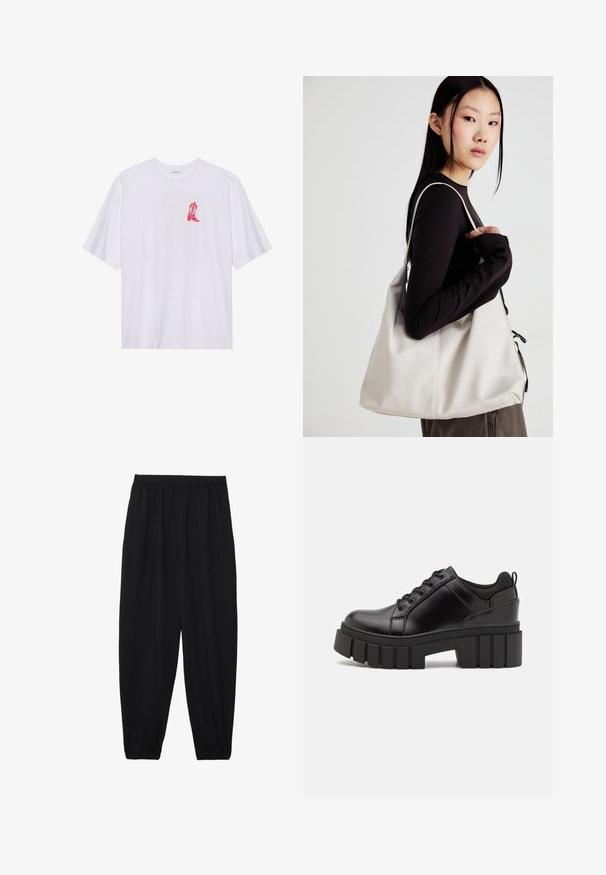 White cotton t-shirt with short sleeves, featuring a red cowboy boot graphic on the left side of the chest. Soft texture, relaxed fit.; Black, lightweight pants with an elastic waistband and gathered ankles. The fabric is smooth and features a relaxed, tapered design.; Black leather platform shoes with a chunky block heel, round toe, and traditional lace-up design. Features smooth texture and minimal detailing.; Beige handbag made of soft material, featuring a slouchy design, stitched detailing, and two shoulder straps. Suitable for everyday use.