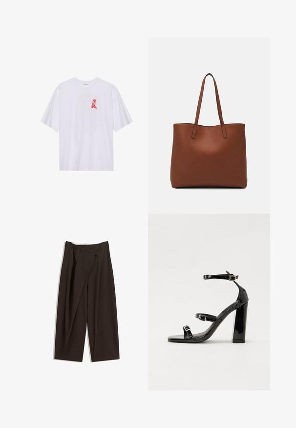 White cotton t-shirt with short sleeves, featuring a red cowboy boot graphic on the left side of the chest. Soft texture, relaxed fit.; Dark brown wide-leg trousers with a high waist, featuring a single button closure and a pleated front. Made from lightweight fabric.; Black patent heeled sandals with a square toe, ankle straps, and silver buckles. Features a chunky block heel for stability.; Brown leather tote bag with a smooth texture, open top design, and two shoulder straps. Features minimal stitching and no visible hardware.