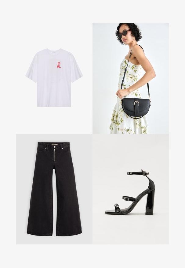 Tricou alb din bumbac cu mâneci scurte, având un grafic cu botine roșii de cowboy pe partea stângă a pieptului. Textură moale, croială lejeră.; Jeans cu picioare largi din denim negru, cu fermoar în față, design cu cinci buzunare și detalii subtile de cusătură. Textură netedă și stil casual.; Sandale cu toc din patent negru, cu vârf pătrat, curele la gleznă și catarame din argint. Dispune de un toc gros pentru stabilitate.; Geantă din piele neagră, cu o formă curbată, curea detașabilă și accesorii aurii. Geanta are un capac cu un detaliu tip cataramă.