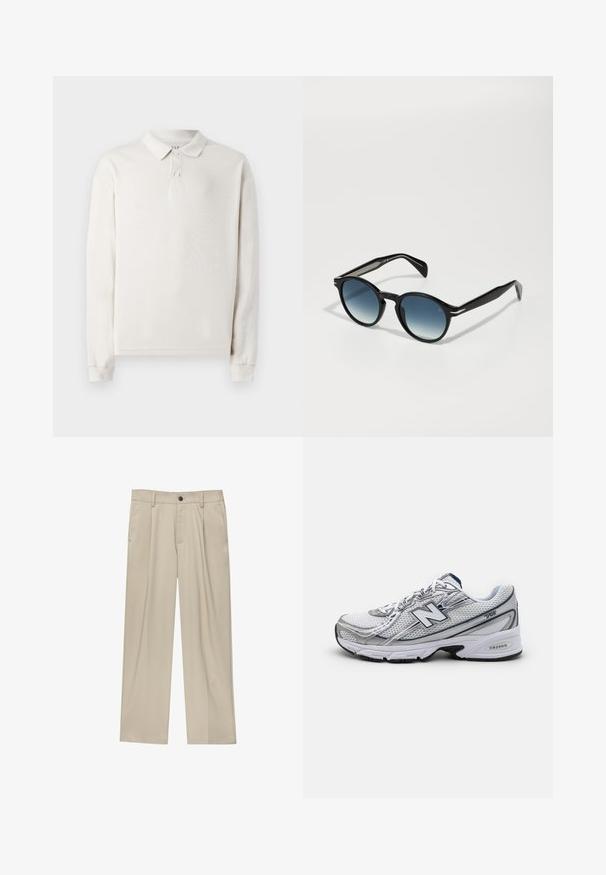 Polo majica s dugim rukavima u boji slonovače, izrađena od mekanog materijala. Ima klasičan ovratnik, tri dugmeta i rebraste manžete. Glatka tekstura.; Bež hlače ravnog kroja s jednim crnim gumbom, petljama za remen i bočnim džepovima. Glatka tekstura tkanine i minimalistički dizajn.; Tenisice New Balance s gornjim dijelom od mreže, pretežno bijele boje s nijansama sive i mornarsko plave, s udobnom potplatnom i teksturiranim detaljima.; Crne sunčane naočale ovalnog oblika s gradijentnim plavim staklima i elegantnim drškama koje imaju karakteristične srebrne akcenti. Glatka tekstura kroz cijelu površinu.