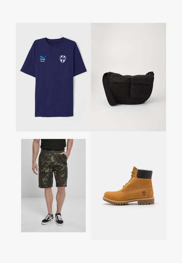 Navy blue cotton t-shirt with a crew neck, featuring blue Puma logo and white shield emblem with letter detail on the chest.; Camo cargo shorts with cargo pockets, made from woven fabric in green and brown hues. Paired with black sneakers featuring white laces.; Brown leather ankle boot with metal eyelets, white fur lining, black padded collar, rugged sole, and embossed logo on the side.; Black corduroy crossbody bag with adjustable strap, featuring front pockets and a soft texture. Compact design with minimal detailing.