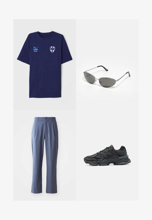 Námornícky modré bavlnené tričko s okrúhlym výstrihom, so modrým logom Puma a bielym erbom s detailom písmena na hrudi.; Námornícke modré nohavice s záhybmi, rovného strihu, vyrobené z ľahkého materiálu, s jedným predným gombíkom a pútkami na opasok.; Čierna bežecká obuv so zmesou sieťoviny a syntetických materiálov, robustnou podrážkou, zakriveným dizajnom a výrazným logom na boku.; Slnečné okuliare s elegantným, strieborným kovovým rámom, sivými tónovanými sklami a aerodynamickým dizajnom s ostrými hranami a tenkými rámikmi.