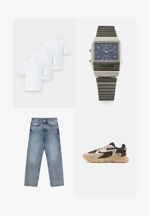 Tři bílé bavlněné trička s krátkými rukávy a kulatými výstřihy, vystavená spolu na jednobarevném pozadí. Žádné vzory ani akcenty nejsou viditelné.; Světle modré džíny z denimu se střihom rovnými nohavicemi, viditelným šitím, designem s pěti kapsami a knoflíkovým zapínáním v pase.; Béžové a hnědé tenisky s texturovanými síťovinovými panely, akcenty z semiše a gumovou podrážkou. Mají šněrovací design a značkové detaily.; Digitální hodinky Casio s modrým ciferníkem, stříbrným pouzdrem a vrstveným černým gumovým remínkem. Zobrazuje čas a nastavení alarmu. Voděodolné.