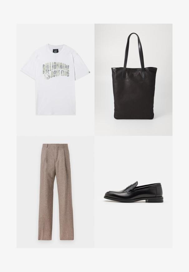Valge puuvillane t-särk, millel on gradientdisainiga tekst "Billionaire Boys Club". Lühikesed varrukad ja ümmargune kaelus.; Prunnid, kõrge vöökohaga püksid, mis on valmistatud tekstureeritud kangast. Omavad laiu jalgu ja kahte eesmist voldikut struktuuri jaoks. Korralik viimistlus, ilma nähtava riistvarata.; Mustad mustad nahast loafers sileda tekstuuriga, ümarat ninaosa ja dekoratiivne riba vampi üle. Madal kihiline konts, minimalistlik disain.; Mustmust kott mustade nahkade käepidemetega. Lihtne disain, avar keha ja sile tekstuur. Pole nähtavaid logosid ega mustreid.