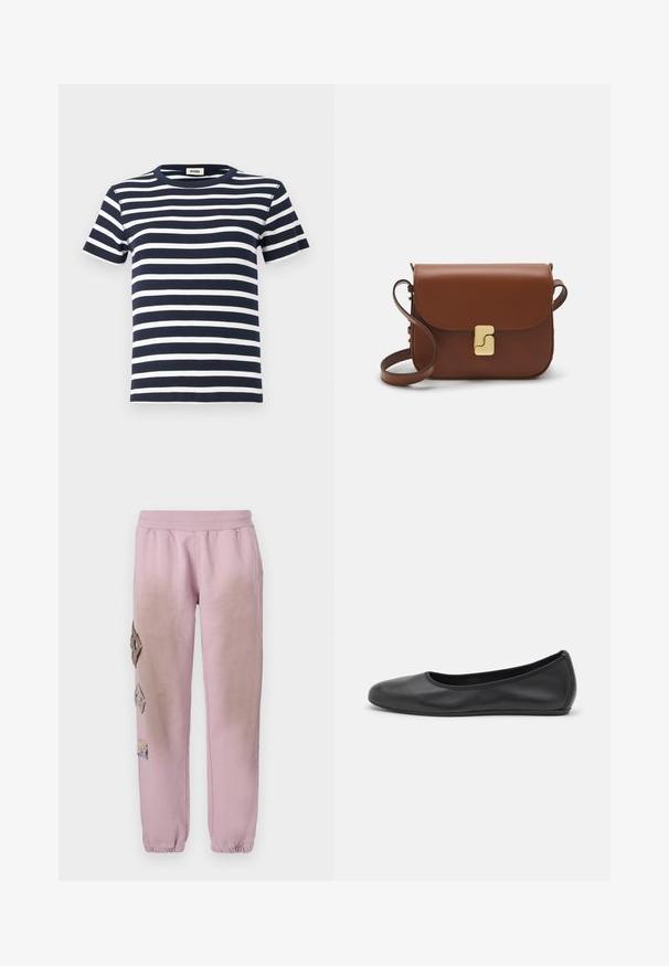 T-shirt às riscas azul-marinho e branca, feita de tecido canelado, com decote redondo e mangas curtas. O design enfatiza linhas horizontais.; Calças de fato de treino cor-de-rosa com um cós elástico, apresentando patches decorativos em forma de diamante no lado esquerdo e punhos elásticos nos tornozelos.; Bailarina preta em pele com bico arredondado, textura suave, detalhe de costura minimalista e design de sola flexível.; Bolsa de couro castanho com fecho de aba, decoração em tom dourado, alça de ombro e textura suave. Formato retangular compacto.