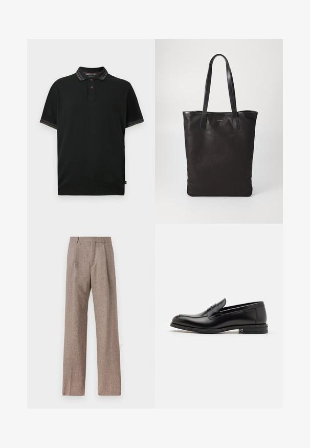 Mustvalge polo särk, millel on kaks nööpi, ja mis on kaunistatud mitmevärvilise triibulise äärisega krael ja varrukate mansetil, valgel taustal.; Prunnid, kõrge vöökohaga püksid, mis on valmistatud tekstureeritud kangast. Omavad laiu jalgu ja kahte eesmist voldikut struktuuri jaoks. Korralik viimistlus, ilma nähtava riistvarata.; Mustad mustad nahast loafers sileda tekstuuriga, ümarat ninaosa ja dekoratiivne riba vampi üle. Madal kihiline konts, minimalistlik disain.; Mustmust kott mustade nahkade käepidemetega. Lihtne disain, avar keha ja sile tekstuur. Pole nähtavaid logosid ega mustreid.