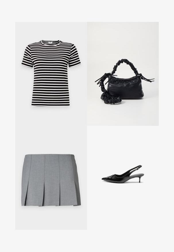 Juoda ir balta dryžuota trumpomis rankovėmis marškinėliai su raukšlėta tekstūra ir apykakle. Dryžiai tolygiai išdėstyti audinyje.; Pilka plisuota sijonas, pasižymintis lygiu paviršiumi, struktūrine forma ir prigludusia juosmens linija. Pagamintas iš lengvos medžiagos su švelniu raštu.; Juodi odiniai aukštakulniai su dirželiais, smailia nosimi, žemu katinėlio kulniuku ir susitraukiančia detale ant bato viršaus. Lygi tekstūra ir minimalistinis dizainas.; Juodas dirbtinės odos rankinė su krokodilo tekstūra, sušnibždinta viršuje ir susikraipytu dirželiu. Atrodo minkšta ir kompaktiška.