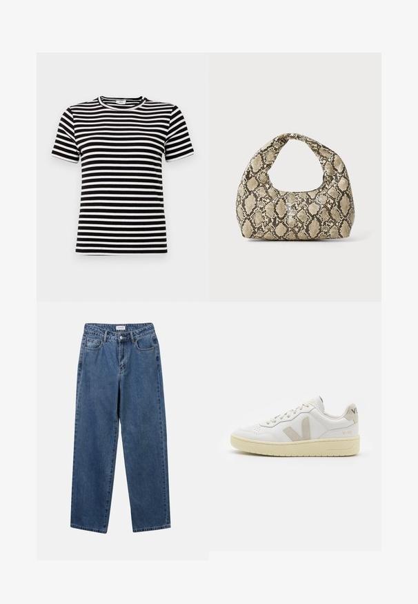 Black and white striped short-sleeve t-shirt with a ribbed texture and a round neckline. The stripes are evenly spaced across the fabric.; Classic blue denim jeans with a straight-leg design, five pockets, and a button closure. Features a medium wash and sturdy texture.; White leather sneaker with beige suede accents, perforated toe box, flat laces, and a textured cream sole. Features subtle branding on heel.; Snake-print handbag with a curved handle. Made from textured, beige and brown materials, featuring a distinctive diamond pattern.