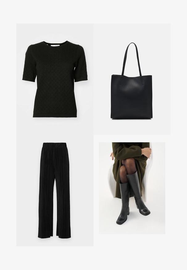 Top preto de manga curta com um padrão de diamante texturizado, decote redondo e punhos canelados. Feito de um material de malha macia.; Calças pregueadas pretas com uma cintura elástica. Apresentam pernas largas e um tecido liso, texturizado com riscas verticais.; Botas de couro pretas até ao joelho com biqueira quadrada e salto em bloco, apresentadas com um modelo sentado num casaco verde-azeitona. Textura lisa, com detalhes mínimos.; Bolsa tote preta em couro com textura lisa, forma retangular e duas alças longas. Sem hardware ou enfeites visíveis.