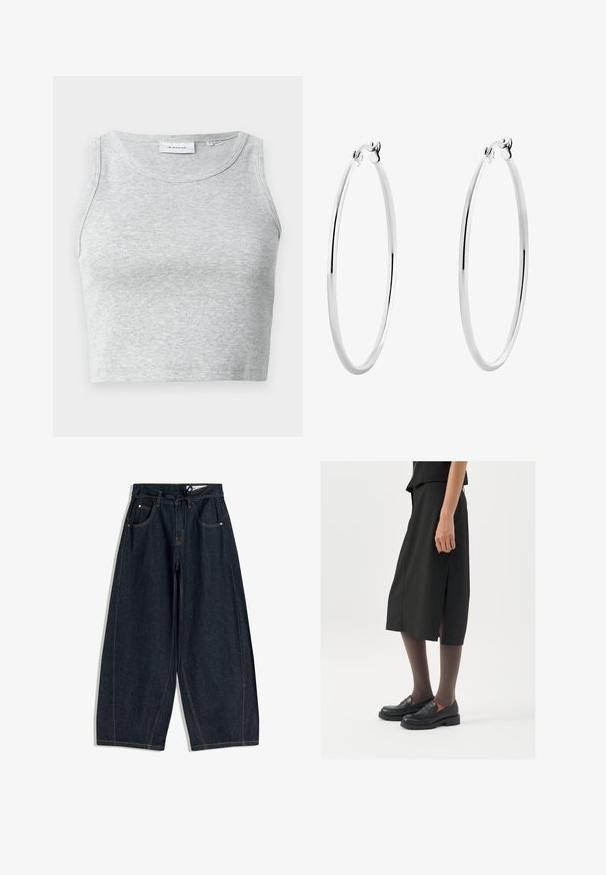 Top senza maniche a costine grigio con scollatura rotonda. Tessuto morbido e design aderente, adatto per look casual o in sovrapposizione.; Pantaloni ampi in denim scuro con vita regolabile, cinque tasche e cuciture a contrasto. Texture liscia e design dalla vestibilità morbida.; Gonna nera alla lunghezza del ginocchio con spacco laterale, abbinata a mocassini neri e collant trasparenti marroni, caratterizzata da un tessuto liscio e un design semplice.; Orecchini a cerchio in argento con finitura liscia e lucida e design senza soluzione di continuità, caratterizzati da bordi arrotondati e una chiusura sicura.