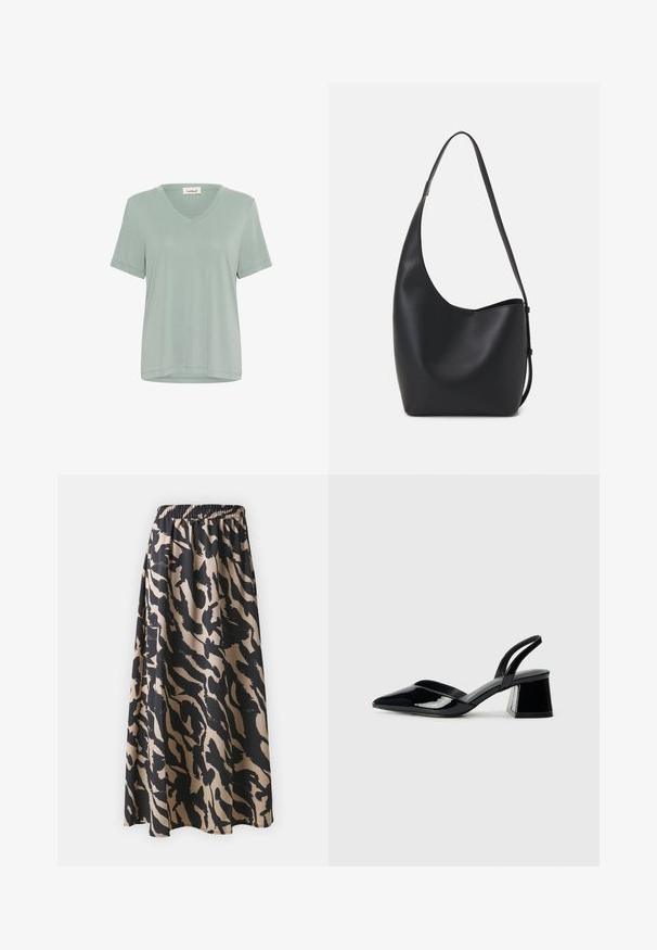 Soft, light green T-shirt with a V-neck and short sleeves. Made from smooth fabric, featuring a relaxed fit and minimal stitching details.; Black and beige long skirt with an elastic waistband, featuring an abstract animal print pattern and a flowing silhouette.; Black patent leather slingback heels with a pointed toe and a geometric block heel. Features a sleek, minimal design and smooth texture.; Black leather hobo bag with a smooth texture, curved shape, and single adjustable strap; features a wide opening at the top.