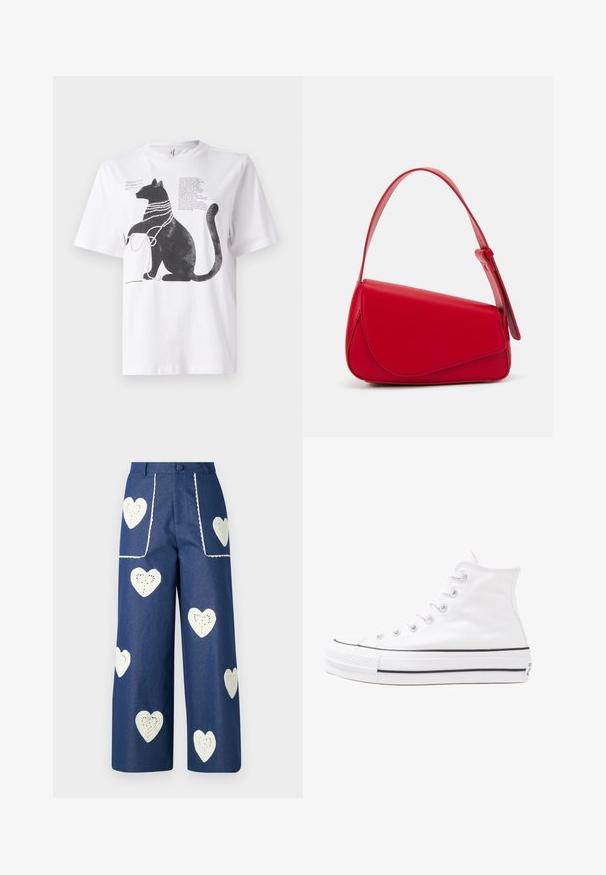 White T-shirt featuring a black cat graphic adorned with pearl-like beads, accompanied by text printed on the upper left side.; Sister Jane HEART TO HEART - Straight leg jeans - blue denim; White high-top canvas sneaker with black rubber sole, front rubber toe cap, and six eyelets for laces, featuring a clean, minimalist design.; Red leather handbag with an angular, geometric design. Features a single adjustable strap and a flap closure with stitched detailing.