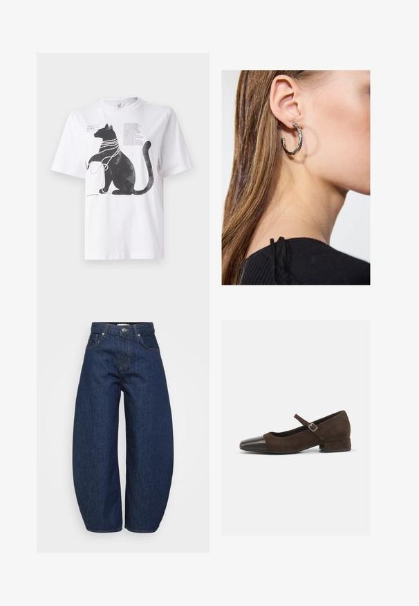 White T-shirt featuring a black cat graphic adorned with pearl-like beads, accompanied by text printed on the upper left side.; High-waist dark blue denim jeans with wide legs, front button and zipper closure, and classic five-pocket design.; Brown suede Mary Jane shoe with a black patent leather toe cap, adjustable strap, and a low block heel. Smooth texture with minimal accents.; Silver hoop earring with a polished finish, featuring small gold accent details and a round shape, worn on the lobe.