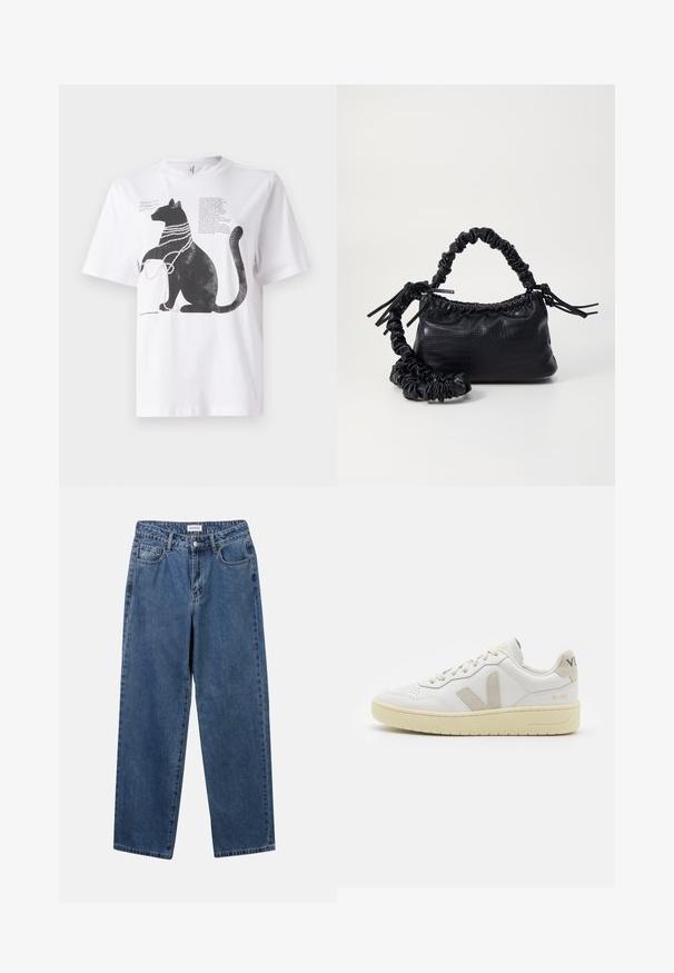 Bela majica s graphic črnega mačka, okrašena s bisernimi perlicami, z besedilom natisnjenim na zgornji levi strani.; Klasične modre jeans hlače s ravnim krojem, petimi žepi in gumbom za zapiranje. Imajo srednje pranje in trdno teksturo.; Bela usnjena tenisača z bež semiš poudarki, perforiranim prednjim delom, ravnimi vezalkami in strukturiranim kremnim podplatom. Ima diskretno blagovno znamko na peti.; Črna torbica iz umetnega usnja s krokodilovo teksturo, z zvitim vrhom in zmečkano naramico. Zdi se mehka in kompaktna v oblikovanju.