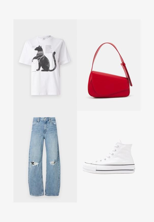 Weißes T-Shirt mit einem schwarzen Katzenmotiv, das mit perlenähnlichen Perlen verziert ist, versehen mit Text, der auf der oberen linken Seite gedruckt ist.; Helles, hochtailliertes Jeans aus Denim. Hat weit geschnittene Beine, zwei aufgerissene Kniebereiche und klassischen Fünf-Taschen-Stil.; Weiße hochwertige Leinensneaker mit schwarzer Gummisohle, vorderem Gummizehenschutz und sechs Ösen für Schnürsenkel, die ein sauberes, minimalistisches Design aufweisen.; Rote Lederhandtasche mit einem kantigen, geometrischen Design. Verfügt über einen verstellbaren Schulterriemen und einen Klappenverschluss mit genähten Details.