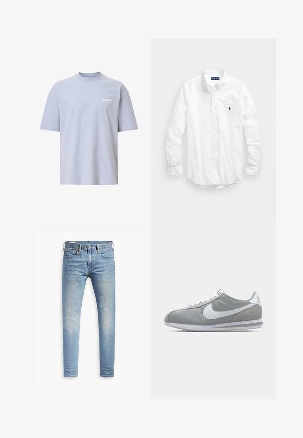 T-shirt en coton bleu clair avec un col rond, des manches courtes et un petit logo blanc sur la poitrine. Il présente une coupe relaxée et un design uni.; Chemise blanche à manches longues en coton. Dotée d'un col classique, de poignets à boutons et d'un petit logo brodé bleu marine sur la poitrine.; Jean slim bleu clair avec un léger délavage sur les cuisses, fermeture à bouton à l'avant, passants de ceinture et style à cinq poches sur fond blanc.; Chaussure de sport grise avec une tige en daim et textile, logo Nike en blanc et lacets blancs. Elle dispose d'une semelle en caoutchouc texturée et d'un collier rembourré.