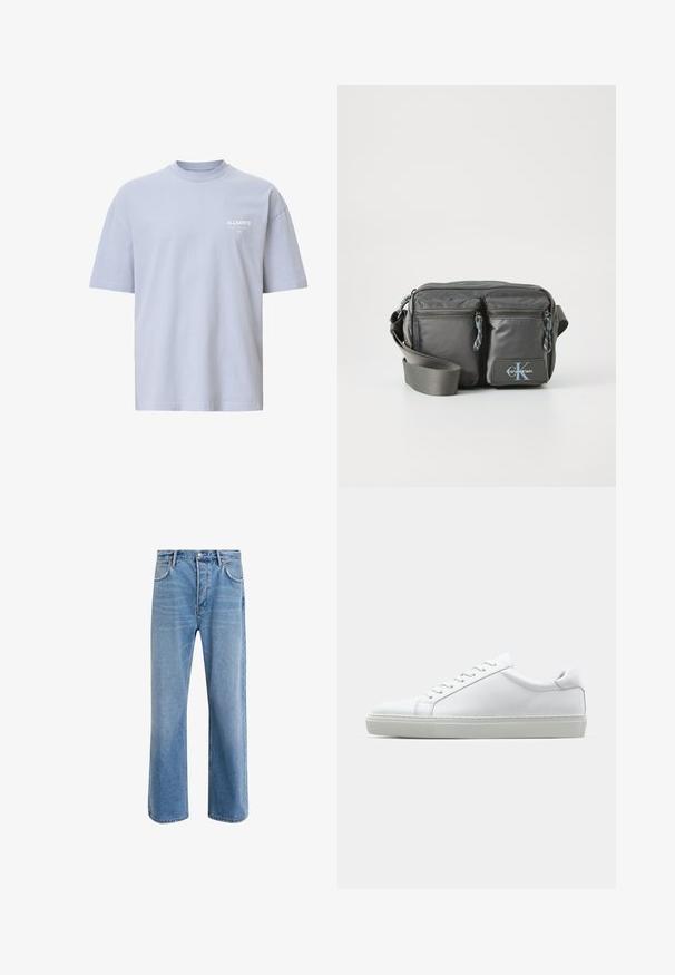Světle modré bavlněné tričko s kulatým výstřihem, krátkými rukávy a malým bílým logem na prsou. Má pohodlný střih a jednoduchý design.; Světle modré džínové kalhoty s rovnými nohavicemi, pěti kapsami, zapínáním na knoflík, minimálním vyblednutím a kontrastním prošitím.; Bílé tenisky s hladkým koženým svrškem a nízkým profilem. Mají zaoblenou špičku, šest nýtů a texturovanou gumovou podrážku.; Šedá nylonová crossbody taška s dvěma zipovými předními kapsami, nastavitelným popruhem a logem. Hladká textura s moderním designem.