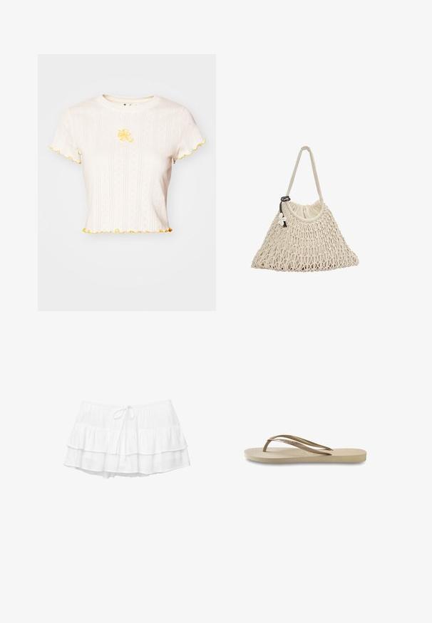 Wit T-shirt met korte mouwen, geribbelde textuur, met gele geribbelde randen en bloemenborduurwerk in het midden van de borst.; Witte gelaagde rok met drie gerimpelde lagen, elastische tailleband en trekkoorddetail. Gemaakt van lichtgewicht, gestructureerde stof.; Lichtbeige flip-flop met een getextureerde voetbed, platte zool en dunne, glanzende bandjes. Heeft subtiele merkvermelding op het bandje.; Netten handtas in crèmekleur, met een zachte stoffen voering en één handvat, versierd met een bloemenaccent en een trekkoordsluiting.