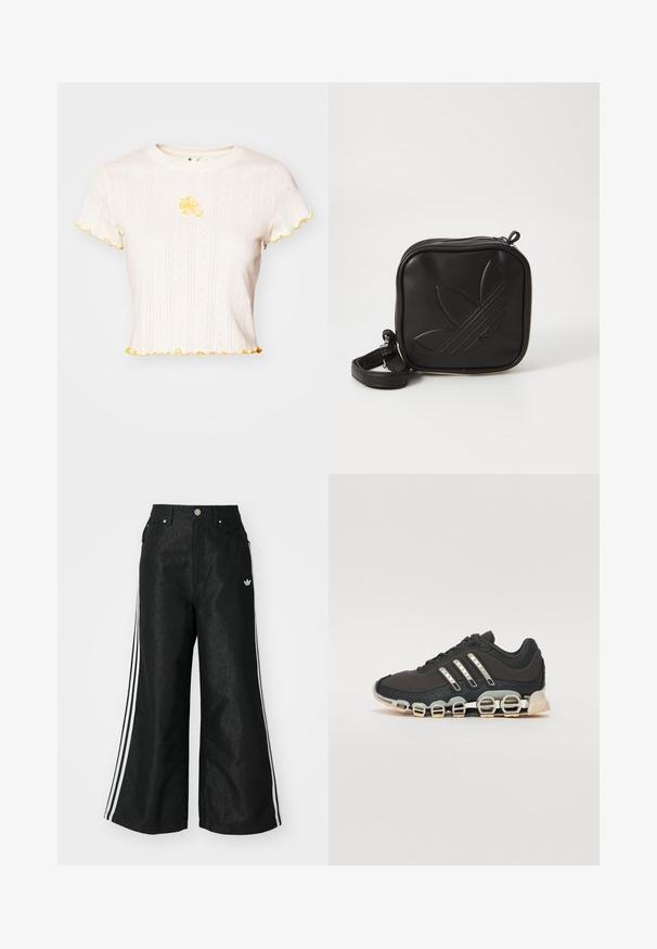 Wit T-shirt met korte mouwen, geribbelde textuur, met gele geribbelde randen en bloemenborduurwerk in het midden van de borst.; Zwarte denim broek met wijde pijpen, voorzien van drie witte strepen aan elke zijkant en een klein wit logo. Heeft voorzakken en een knoopsluiting.; Zwarte sportschoen met een gestructureerde bovenkant, drie zilveren strepen en een kenmerkende dempingszool met meerdere geïntegreerde secties.; Zwarte vierkante crossbody tas van gestructureerd synthetisch materiaal. Met een reliëflogo ontwerp en een verstelbare schouderband. Ritssluiting.