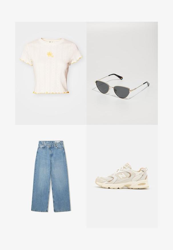 Tricou alb cu mânecă scurtă, textură canelată, cu margini volanate galbene și broderie florală centrată pe piept.; Jeans largi de culoare albastru deschis, confecționați din denim, cu talie înaltă, cinci buzunare, închidere cu nasture și ușoară decolorare pentru textură.; Încălțăminte sport bej cu plasă și suprapuneri sintetice, având o suprafață texturată, guler umplut și amortizare „ABZORB” la călcâi.; Ochelari de soare cu ramă metalică aurie și lentile închise, în formă de ochi de pisică, având brațe negre cu un accent în culorile curcubeului pe o parte.; Geantă de umăr metalică aurie cu un design structurat, textură netedă și curea reglabilă. Prezintă o formă triangulară unică și cusături minimaliste.