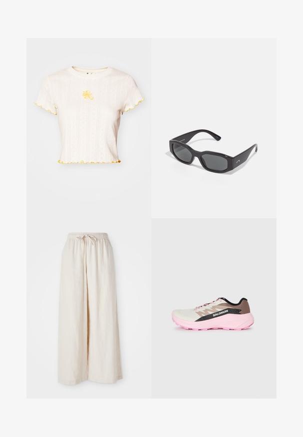 Short-sleeve white t-shirt, ribbed texture, with yellow frilled edges and floral embroidery centered on the chest.; Wide-leg, cream-colored trousers with an elastic waistband and drawstring. Smooth, lightweight linen fabric, no visible patterns or hardware.; Lightweight running shoe in white, brown, and pink. Features a breathable upper, textured grey accents, and a pink rubber outsole.; Black rectangular sunglasses with dark lenses. Thick plastic frame with a smooth finish, featuring subtle branding on the side.