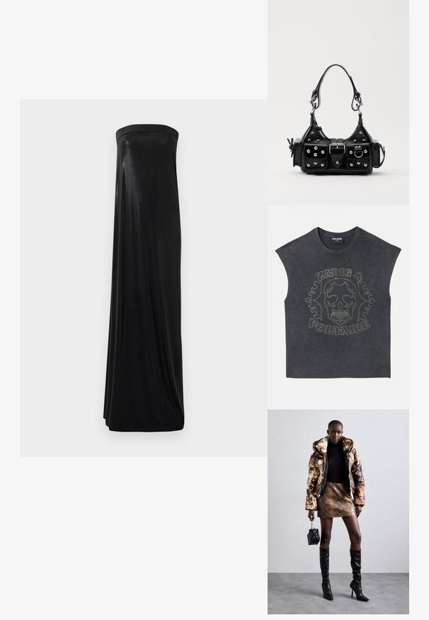Sleeveless gray t-shirt with a crew neck, featuring metallic studs in a skull and decorative text design on the front. Soft fabric texture.; Black strapless maxi dress made of smooth, shiny fabric. Features a fitted bodice and flowing silhouette, reaching the floor without embellishments.; Puffer jacket with a brown and black pattern, paired with a brown snake print mini skirt, black knee-high boots, and a small black bag.; Black leather handbag with a curved design, featuring silver studs, a buckle, and two side pockets. Adjustable strap for carrying options.