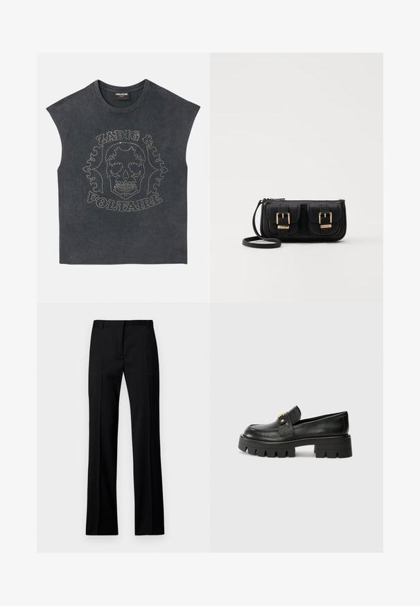 Sleeveless gray t-shirt with a crew neck, featuring metallic studs in a skull and decorative text design on the front. Soft fabric texture.; Black straight-leg trousers in smooth fabric, featuring a flat front, belt loops, and no visible pockets or embellishments.; Black leather loafers with a chunky sole, featuring a gold-tone accent on the front and a smooth finish. Chunky tread design on the sole.; Black leather crossbody bag with two front pockets, gold buckles, zipper closure, and a slim strap. Textured surface and compact rectangular shape.