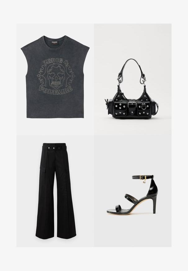 Bezrukávé šedé tričko s kulatým výstřihem, na přední straně s kovovými nýty ve tvaru lebky a dekorativním textem. Měkce tkaná textura látky.; Černé kalhoty s širokými nohavicemi a vysokým pasem, které mají velké boční kapsy, dva přední knoflíky a detail v podobě poutka. Vyrobeno z pevné látky.; Černé lakované kožené sandály se třemi pásky, sponou na kotníku a 10 cm jehlovým podpatkem. Obsahují zlaté kovové detaily a logo přívěsek.; Černá kožená kabelka s křivkovým designem, zdobená stříbrnými hřebíky, s přezkou a dvěma bočními kapsami. Nastavitelný popruh pro různé možnosti nošení.