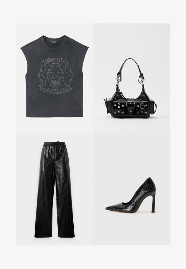 Bezrukávé šedé tričko s kulatým výstřihem, na přední straně s kovovými nýty ve tvaru lebky a dekorativním textem. Měkce tkaná textura látky.; Černé kožené kalhoty širokého střihu s elastickým pasem, stahovací šňůrkou a zlatými kovovými detaily. Hladká textura a volný střih.; Černý lodičkový bot s špičatou špičkou, pokrytý texturou krokodýlí kůže, s elegantním designem, vysokým stiletto podpatkem a hladkým černým interiérem.; Černá kožená kabelka s křivkovým designem, zdobená stříbrnými hřebíky, s přezkou a dvěma bočními kapsami. Nastavitelný popruh pro různé možnosti nošení.