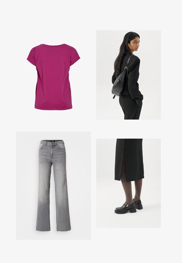 VILA VIDREAMERS NEW NOOS - T-shirts - festival fuchsia; Høyt liv, rette ben grå denimbukser med frontknapp og glidelås, front- og baklommer, samt falmet skygge på lår og legger.; Sorte lærersko med rund tå, tykk blokkheel og elastiske sideaksenter, sammen med mørke strømpebukser og et svart skjørt med splitt.; Kvinne med langt mørkt hår iført et svart jakkesett, som bærer en svart skinn skulderveske, og ser over skulderen mot en hvit bakgrunn.