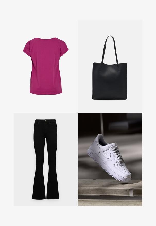 VILA VIDREAMERS NEW NOOS - Basic póló - festival fuchsia; Fekete, magas derekú farmernadrág gomb- és cipzárzárral, elülső zsebekkel és harangszárral, laposan egy fehér háttérre terítve.; Fehér Nike Air Force 1 sportcipő lebeg egy betonfelület felett árnyékokkal, minimalista környezetben.; Fekete bőrtáska sima felszínnel, téglalap alakú, két hosszú füllel. Nincs látható fémkiegészítő vagy díszítés.