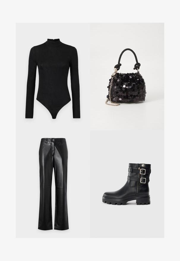 Juodas ilgam rankovėms bodžių su aukštu kaklu ir subtilia tekstūra. Fasuotuvų gale ir thong tipo apatinė dalis.; Juodos odinės kelnės su tiesiu kirpimu, turinčios priekinį sagos uždarymą, diržo kilpas ir glotnų, poliruotą paviršių.; Juodas odinis kulkšninis botas su dvigubais sagtelių akcentais, užtrauktuku, masyviu padu ir lygiu paviršiumi. Turi tvirtą, stilingą dizainą.; Juodas blizgučių mini rankinukas su mazguotu tekstūruotu dirželiu ir sidabro grandine. Suapvalinta forma su susiraukšlėtopu ir atspindinčiomis detalėmis.
