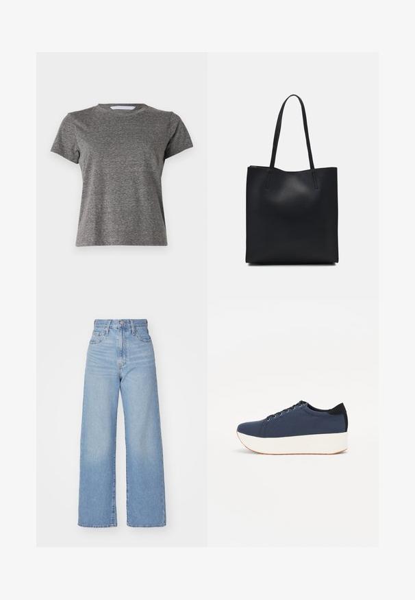 Mother LIL GOODIE GOODIE TEE - Basic póló - grey; Világoskék, magas derekú, bő szárú farmernadrág, elülső gombbal és cipzárral, elülső és hátsó zsebekkel, fehér háttérrel.; Sötétkék sportcipő, texturált szövet felsőrész, fehér platform talp, lekerekített orr és fekete sarok akcentussal. Hat fűzőlyuk található rajta.; Fekete bőrtáska sima felszínnel, téglalap alakú, két hosszú füllel. Nincs látható fémkiegészítő vagy díszítés.