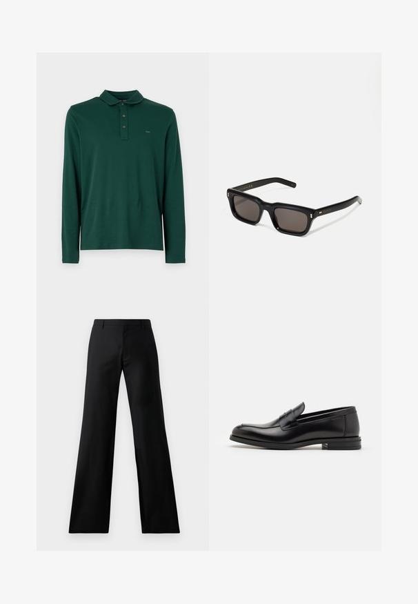 Sötétzöld, hosszú ujjú pólóing, gallérral és három gombbal, a mellkason lévő apró hímzett "MK" logóval.; Világos rózsaszín gombos ing, pamutból készült, klasszikus gallérral, hosszú ujjakkal és egy kis hímzett lólogóval a mellrészen.; Fekete, bő szabású nadrág sima anyagból. Közepes magasságú derékrésszel és elülső redőkkel rendelkezik, amely testre szabott sziluettet biztosít.; Fekete bőr loaferek sima textúrával, kerek orral és dekoratív pánttal a vampnál. Alacsony, rétegelt sarkú, minimalista dizájn.; Fekete téglalap alakú napszemüveg sötét lencsékkel, vastag műanyag keret, arany díszítések a szárakon, és a márka logója gravírozva a szára.; Fekete bőr keresztpántos táska cipzáras elülső zsebbel, dombornyomott logóval és állítható pánttal. Simább textúra, amelynek strukturált alakja van.; Gyöngy nyaklánc ezüst színű kapoccsal. Kerek fehér gyöngyökből készült, díszes, strasszkövekkel díszített középponttal.