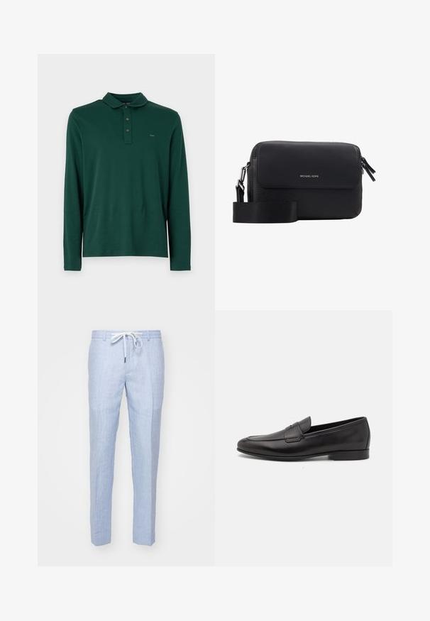 Mørkegrøn langærmet polo skjorte med krave og tre knapper, med lille broderet "MK" logo på brystet.; Lysblå linnedragter med lige pasform, udstyret med elastisk talje og en glat overflade. Ingen synlige lommer eller dekorative elementer.; Sort læder herre loafers med lav hæl og et klassisk penny strap design, vist i sideprofil på en hvid baggrund.; Sort læder crossbody taske med pebret tekstur, klaplukning, sølvlogo og justerbar rem. Kompakt rektangulær form.