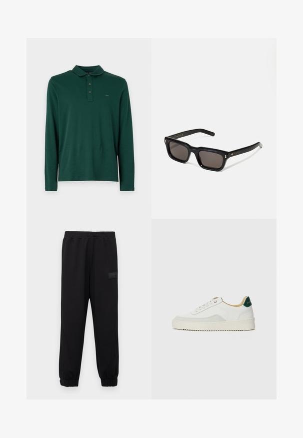 Tmavě zelená polo tričko s dlouhým rukávem, límečkem a třemi knoflíky, s malým vyšitým logem "MK" na hrudi.; Černé tepláky s elastickým pasem a manžetami na nohavicích, které mají boční kapsy a texturovanou nášivku s logem na levé noze.; Bílé tenisky se semišovými prvky, kulatou špičkou, plochými tkaničkami a krémovou gumovou podrážkou. Na patě mají zelené logo.; Černé obdélníkové sluneční brýle s tmavými skly, silným plastovým rámem, zlatými akcenty na spáncích a vyrytým logem značky na nožičce.; Černá kožená kabelka přes rameno s přední zipovou kapsou, embosovaným logem a nastavitelným popruhem. Hladký povrch s pevnou strukturou.