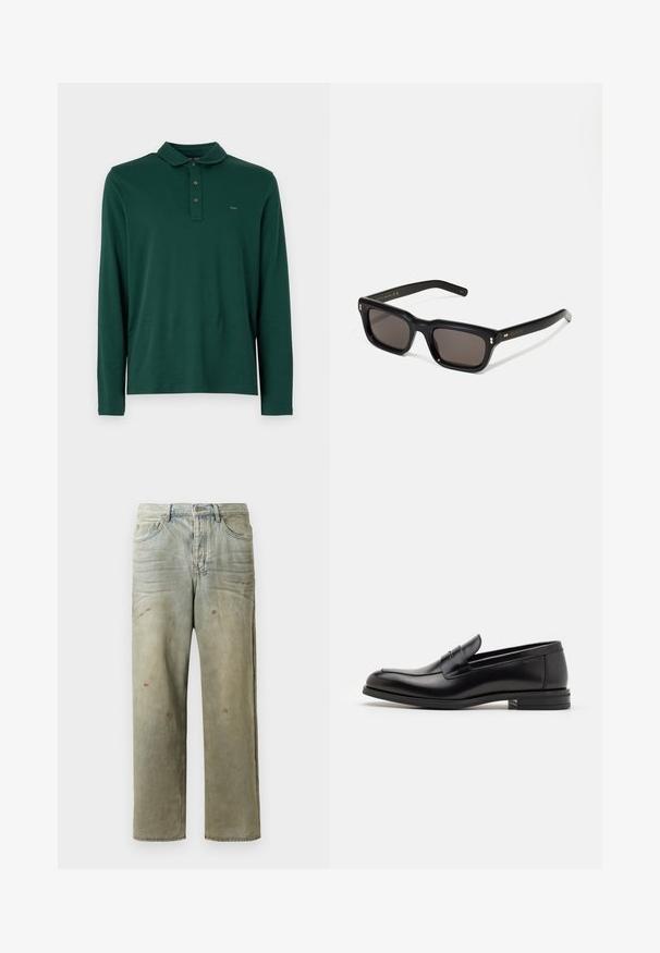 Tamsiai žalia ilgomis rankovėmis polo marškinėliai su apykakle ir trimis mygtukais, ant krūtinės turintys mažą siuvinėtą "MK" logotipą.; Šviesiai žaliai nuvarytos džinsinės kelnes, su tiesiomis kojomis, penkių kišenių dizainu, nelygiai blukščiantis ir su dažų lašeliais.; Juodos odinės loafers, turinčios lygų paviršių, apvalią noselę ir dekoratyvinę juostą per priekinę dalį. Žemas krentantis kulnas, minimalistinis dizainas.; Juodos stačiakampės akinių nuo saulės su tamsiais objektyvais, storu plastiko rėmu, auksinėmis detalėmis ant šventyklų ir prekės ženklo logotipu išgraviruotu ant šono.