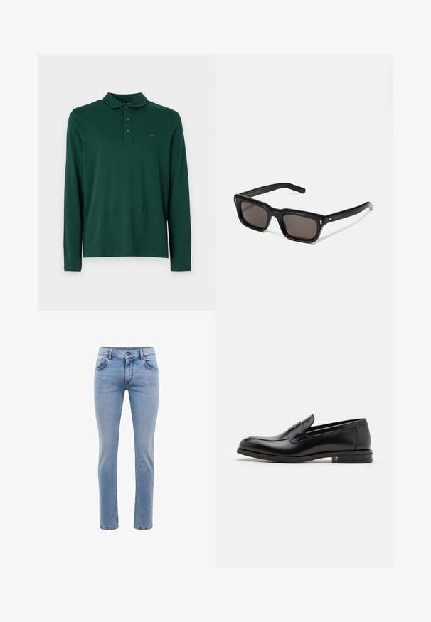 Mørkegrøn langærmet polo skjorte med krave og tre knapper, med lille broderet "MK" logo på brystet.; Lysblå denim jeans med en slim fit, fem lommer og et lige ben design. Har en lynlås og bæltestropper. Blød tekstur.; Sorte læderloafers med en glat overflade, rund tå og en dekorativ strop over vampen. Lav hæl med stabeldesign, minimalistisk stil.; Sorte rektangulære solbriller med mørke glas, tyk plastisk ramme, guldtryk på stængerne og brandlogo indgraveret på armen.; Vivienne Westwood CITY BUMBAG UNISEX - Bæltetasker - black