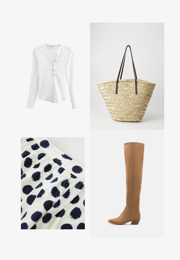 Biała koszula henley z długim rękawem wykonana z prążkowanej tkaniny, z dekoltem w kształcie litery V i pięcioma guzikami w złotym odcieniu wzdłuż listwy.; Biała spódnica z materiału z granatowymi, okrągłymi kropkami. Spódnica ma marszczoną talię i gładką teksturę.; Kozaki sięgające do kolan w jasnym odcieniu, wykonane z gładkiego materiału, z ostrym noskiem i niskim, grubym obcasem. Prosty design, bez widocznych wzorów czy akcentów.; Woven straw tote bag o szerokim, stożkowatym kształcie, z dwoma czarnymi skórzanymi uchwytami. Naturalny beżowy kolor o fakturowej powierzchni.