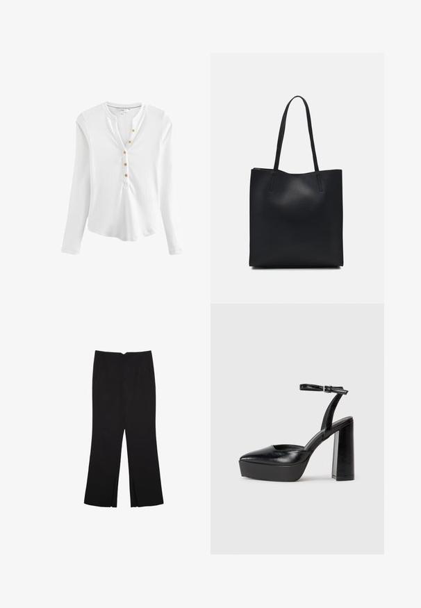 Biela košeľa s dlhým rukávom typu henley vyrobená z rebrovanej látky, s V-výstrihom a piatimi zlatými gombíkmi pozdĺž légne.; Čierne nohavice so strihom rovného strihu, s prednými vreckami a bočnými rozparkami na leme. Vyrobené z mäkkej, hladkej tkaniny. Vhodné na rôzne príležitosti.; Čierne platformové podpätky so špicatou špičkou a nastaviteľným členkovým remienkom. Vyrobené z hladkej kože a so robustným blokovým podpätkom.; Čierna kožená taška na rameno s hladkým povrchom, obdĺžnikovým tvarom a dvoma dlhými uchami. Bez viditeľného kovania alebo ozdôb.