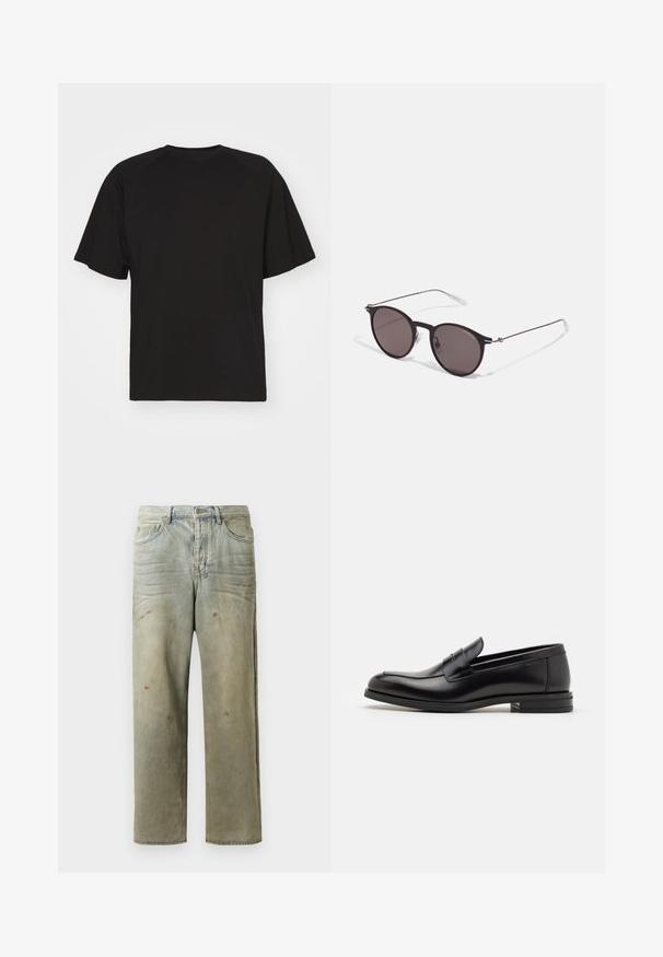 Essential Collective ORGANIC COTTON - Pamata T-krekls - black; Izsistās džinsās gaisā zaļā krāsā, ar taisnu kāju, piecu kabatu dizainu un nevienmērīgu izbalēšanu, kā arī krāsas šļakatas.; Melnas ādas kurpes ar gludu tekstūru, noapaļu purngalu un dekoratīvu siksniņu pāri priekšpusei. Zems sakrauts papēdis, minimālisma dizains.; Melni apaļi saulesbrilles ar tumšiem lēca un plānām metāla stangām. Iekļautas caurspīdīgas tempļu galviņas un sudraba akcenti pie eņģes. Minimalistisks dizains.