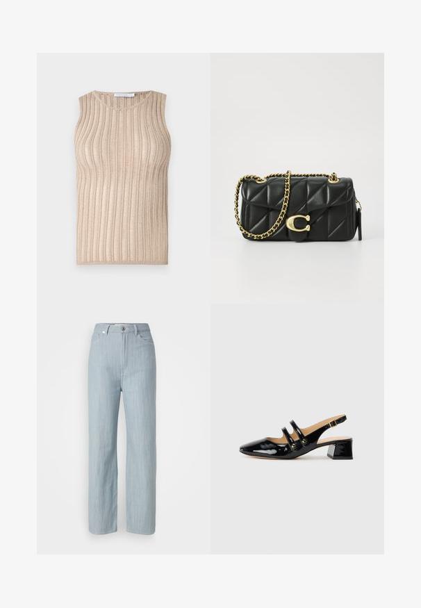Bézs ujjatlan felső függőleges bordázott textúrával, kerek nyakkivágással és finom fényes hatással az anyagon.; Világoskék egyenes szárú farmernadrág. Öt zsebbel, fém gombos záródással és finom kopási hatással a textúra érdekében rendelkezik.; Fekete lakkbőr slingback cipő hegyes orral, két pántos részlettel, arany kerek kiegészítőkkel és alacsony blokk sarkú kivitelben.; Fekete steppelt bőr kézitáska arany lánc pánttal és kör alakú akasztóval. Kompakt, téglalap alakú.