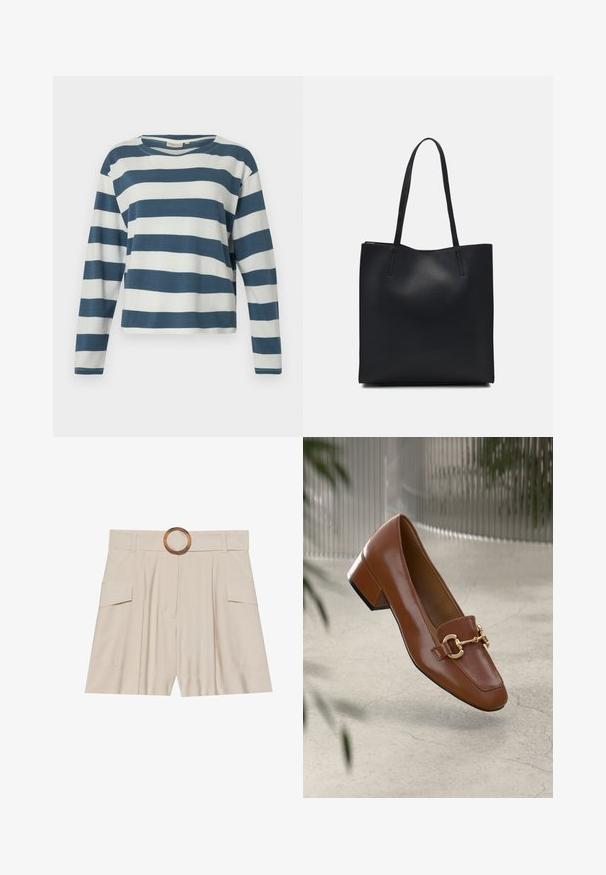 TOM TAILOR DENIM STRIPED WITH BUTTONS - Topper langermet - dusty blue/white; Beige høytlivsshorts med bred, flat midje, sirkulær spenne i tre, plisserte foran og to sidelommer. Jevn stofftekstur.; Brun lakkert skinn loafer med firkantet tå, metallkjedeakkent, og lav blokkheel; glatt tekstur, minimalistisk design.; Svart lær tote bag med glatt tekstur, rektangulær form og to lange håndtak. Ingen synlige deler eller dekorasjoner.