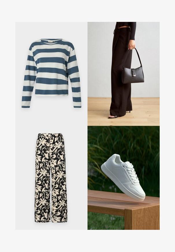 TOM TAILOR DENIM STRIPED WITH BUTTONS - Long sleeved top - dusty blue/white; Black wide-leg pants with a cream floral pattern. Made of lightweight fabric, featuring a smooth texture and a high waistband.; White sneaker with a smooth synthetic upper, perforated toe box, flat laces, and a textured sole, displayed on a wooden surface.; Black handbag with structured shape, smooth texture, and a metallic clasp. Paired with wide black pants and open-toe sandals on wooden floor.
