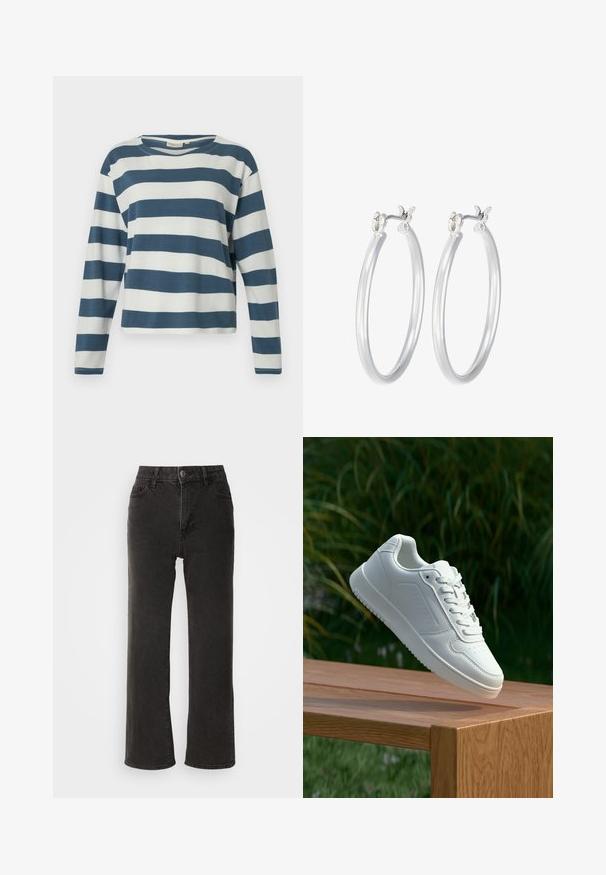 TOM TAILOR DENIM STRIPED WITH BUTTONS - Top s dlouhým rukávem - dusty blue/white; Černé džínové kalhoty s širokými nohavicemi, s předním zapínáním na knoflík, poutky na opasek a pěti kapsami, s mírně vybledlou texturou.; Bílé tenisky s hladkým syntetickým svrškem, perforovanou špičkou, plochými tkaničkami a texturovanou podrážkou, vystavené na dřevěném povrchu.; Stříbrné kruhové náušnice s hladkým, lesklým povrchem. Kulatý tvar a bezpečné zapínání na klip. Lehký design vhodný pro každodenní nošení.